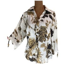 David Brooks Women Linen Floral Button Down Shirt 3/4 Sleeve Bead Detail White S